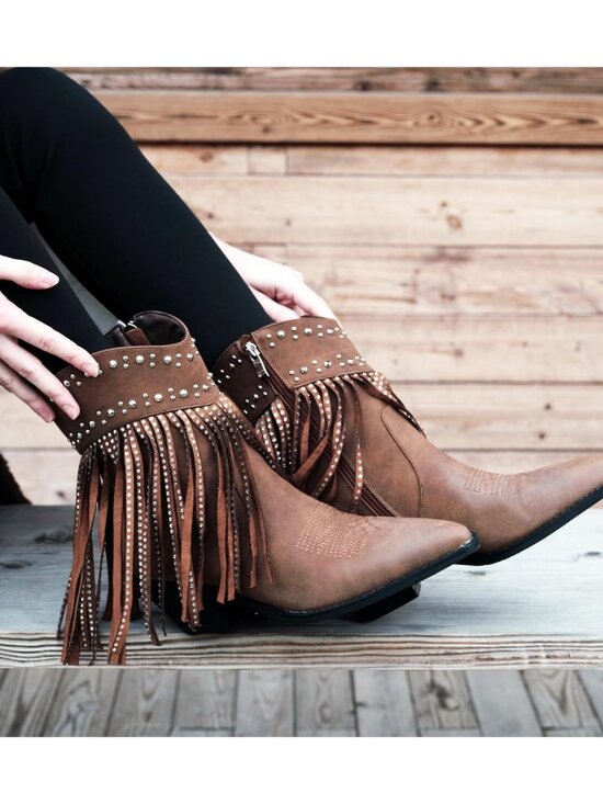 Shoes - Women’s Brown Boots Rhinestone Studded Western Fringe Ankle Boot Block Heel